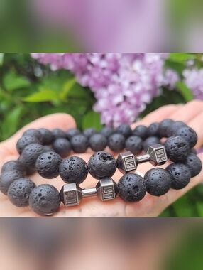 Men's Black Lava Bead Bracelet with Gunmetal Dumbbell Accent